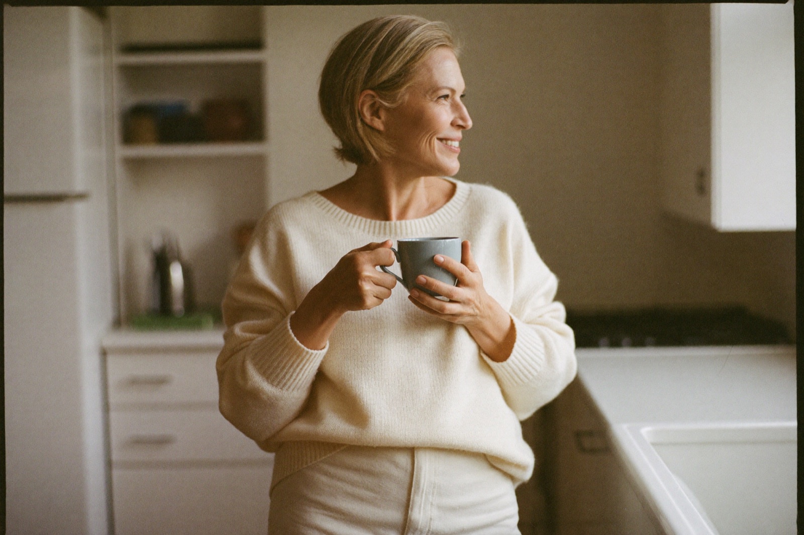 An older adult taking a calm, full breath by a sunlit window