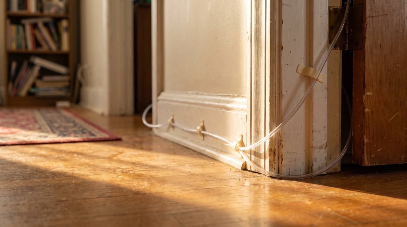 Clear tubing guided neatly along a baseboard and around a doorframe with small cord clips